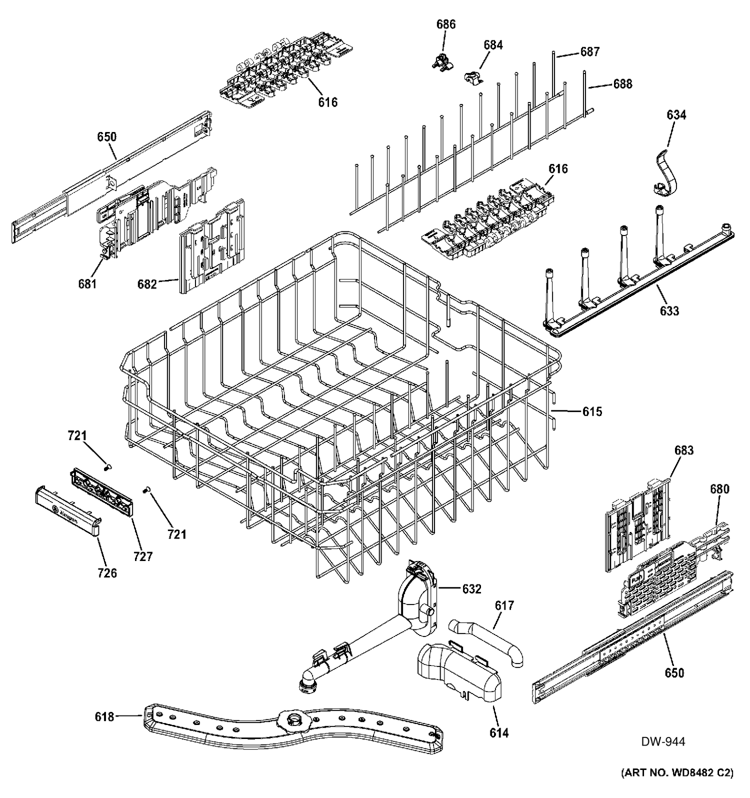 UPPER RACK ASM Diagram and Parts List for ZDT870SIF1II  General Electric Dishwasher