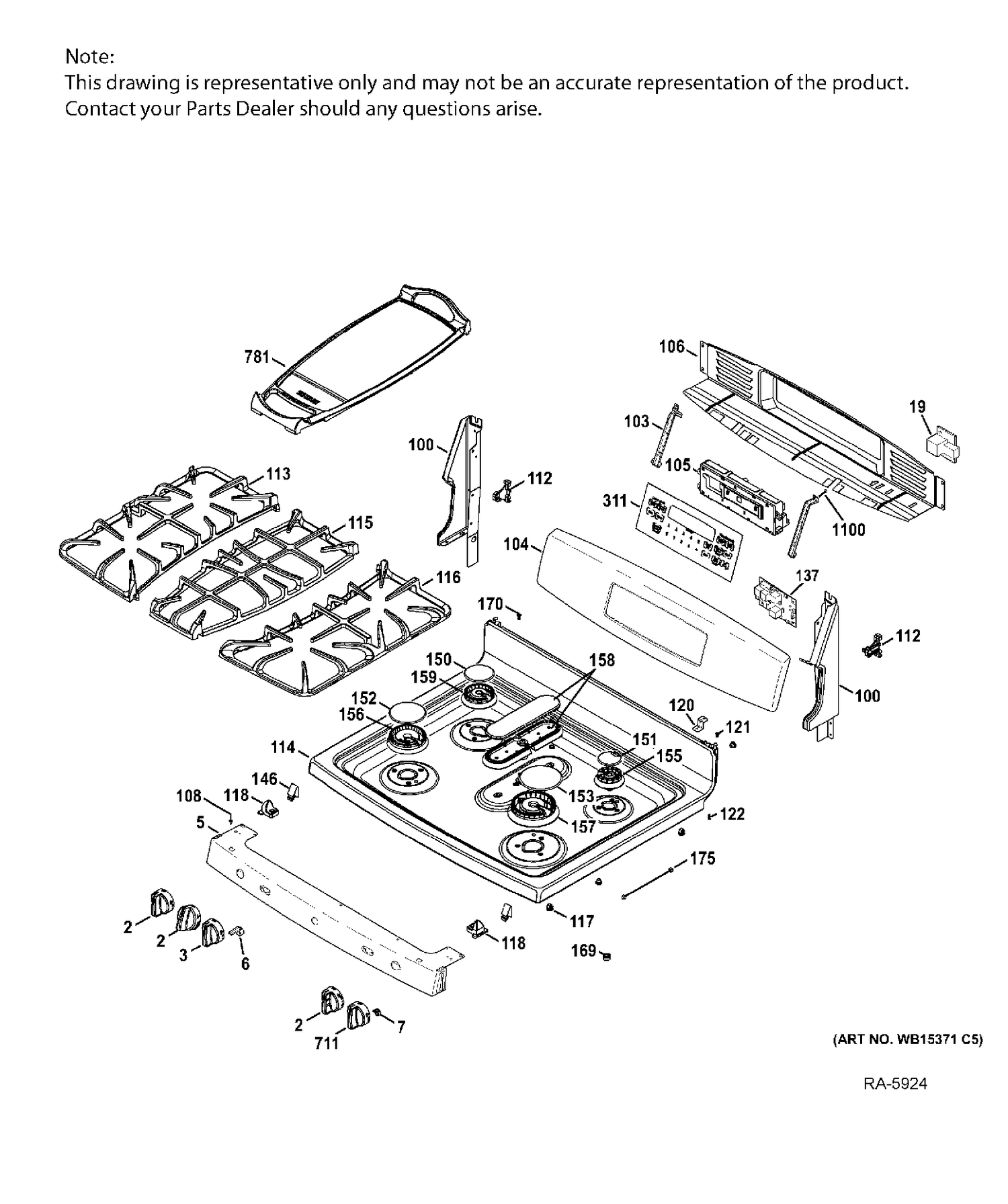 CONTROL PANEL & COOKTOP Diagram and Parts List for JCGB850SEF2SS  General Electric Range