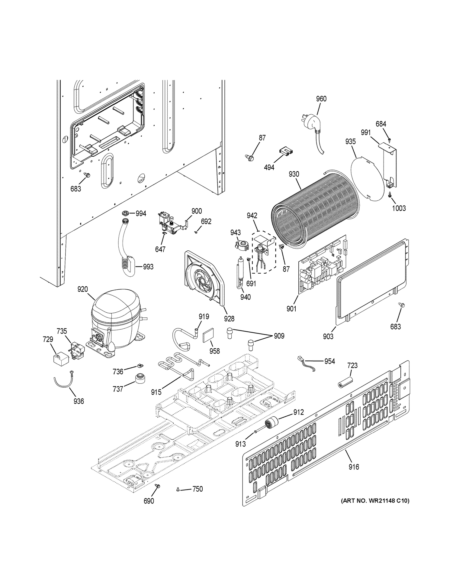 MACHINE COMPARTMENT Diagram and Parts List for CFE28UELCDS  General Electric Refrigerator