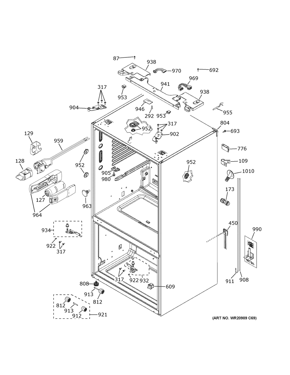 Case Parts Diagram and Parts List for PWE23KYNIFS  General Electric Refrigerator