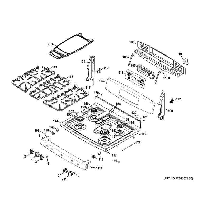 Control Panel & Cooktop Diagram and Parts List for JGB870DEF1WW  General Electric Range
