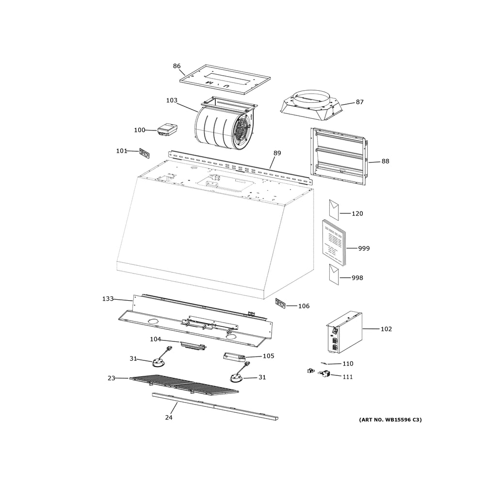 Range Hood 1 Diagram and Parts List for UBW30YIEW1SS  General Electric Range Hood
