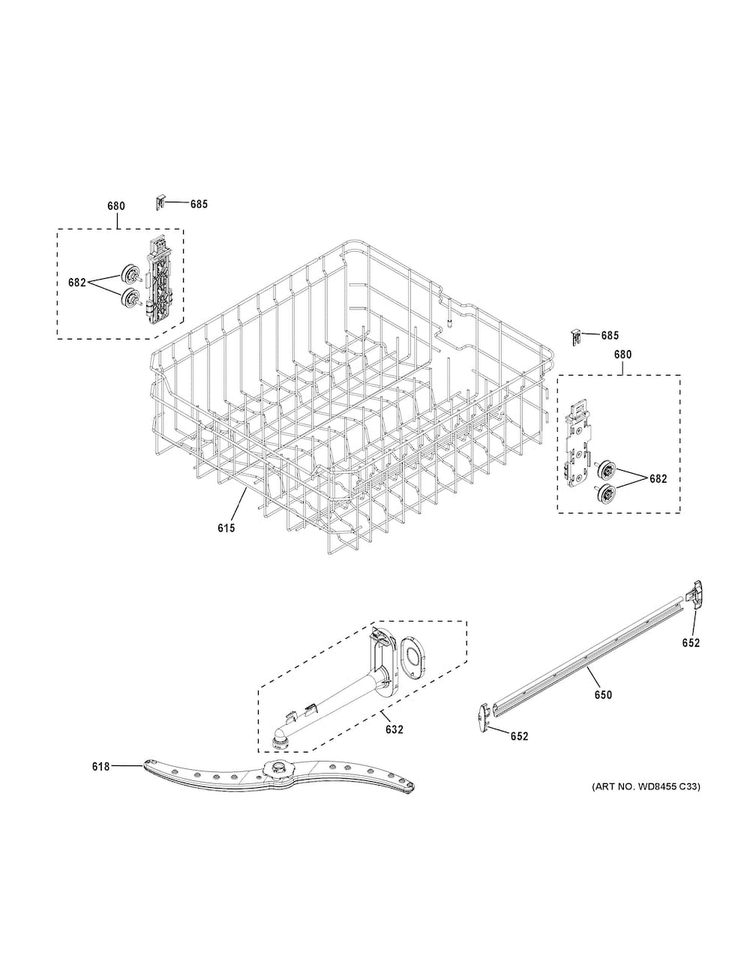 Upper Rack Assembly Diagram and Parts List for GDF510PGJ0BB  General Electric Dishwasher