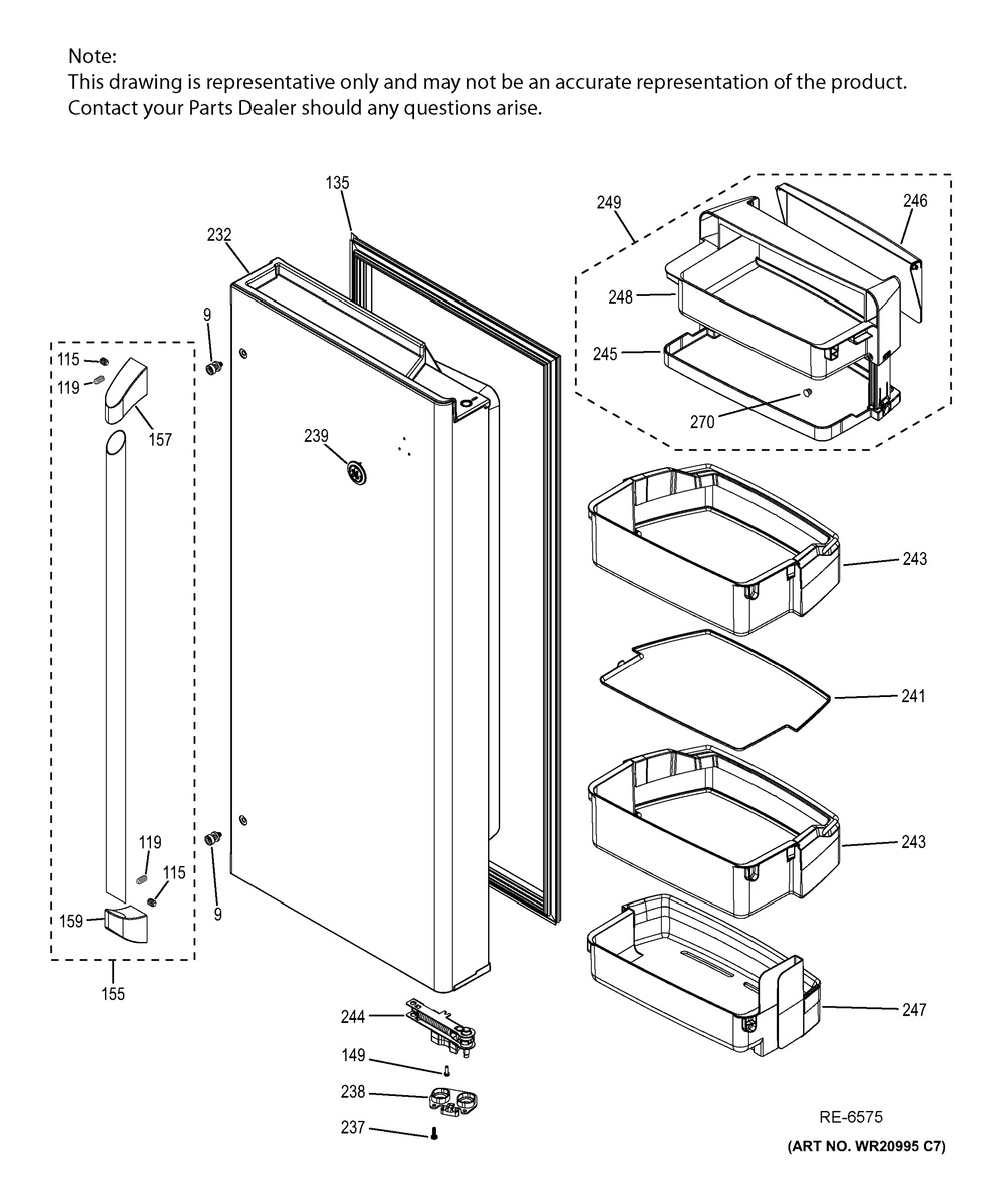 Ff Door Rh Diagram and Parts List for GFMS140ED1WW  General Electric Refrigerator