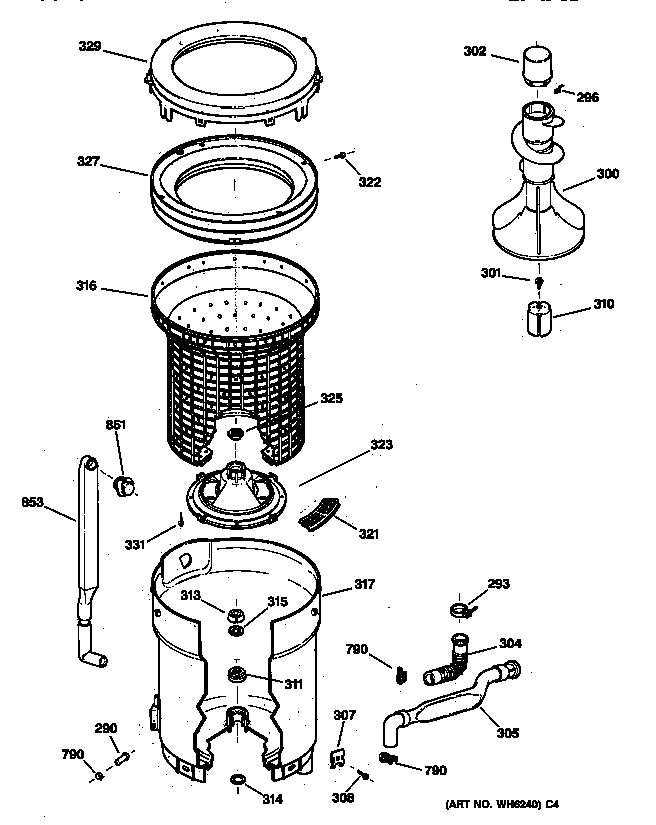 Tub, Basket & Agitator Diagram and Parts List for WCCB2050TAWC  General Electric Washer