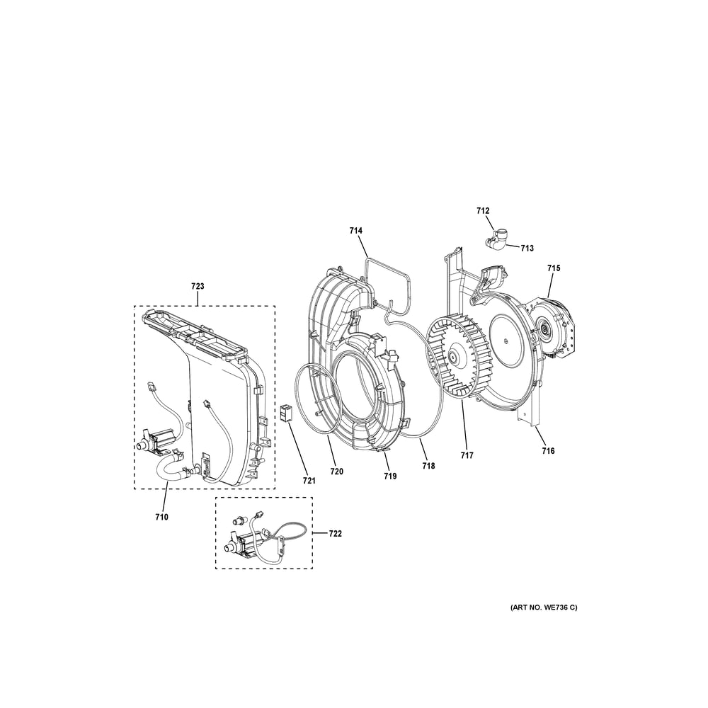 Blower & Motor Assembly Diagram and Parts List for PFH18HSPV0MC  General Electric Dryer