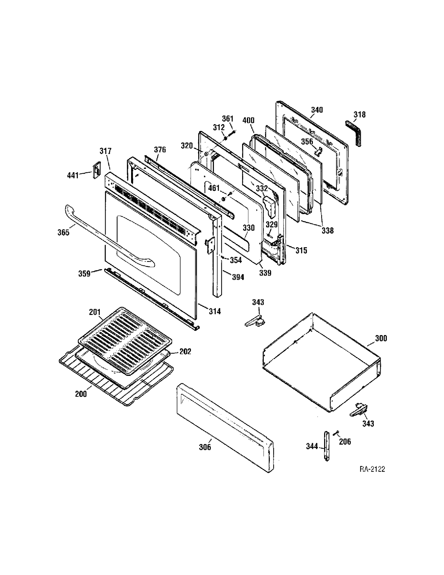 DOOR & DRAWER Diagram and Parts List for JGBP35BEL1BB  General Electric Range
