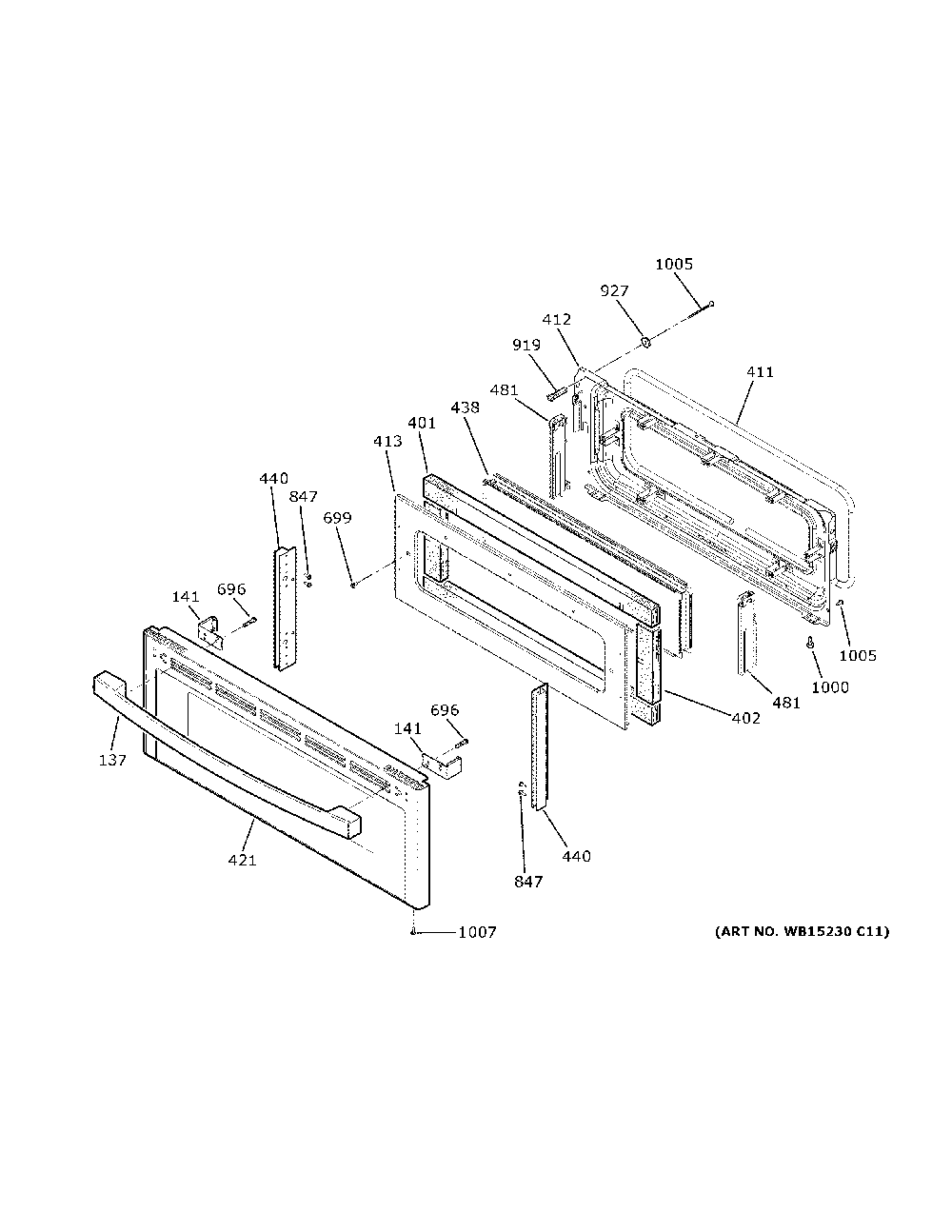 Upper door Diagram and Parts List for PB960SJ9SS  General Electric Range