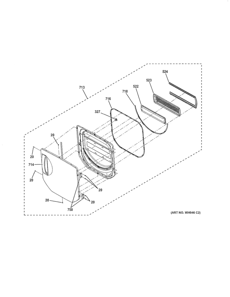 Dryer Door Diagram and Parts List for GTUP240EM4WW  General Electric Washer Dryer Combo