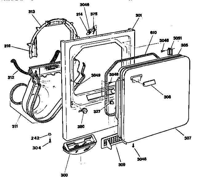 Cabinet Front Diagram and Parts List for DDE8509RMC  General Electric Dryer