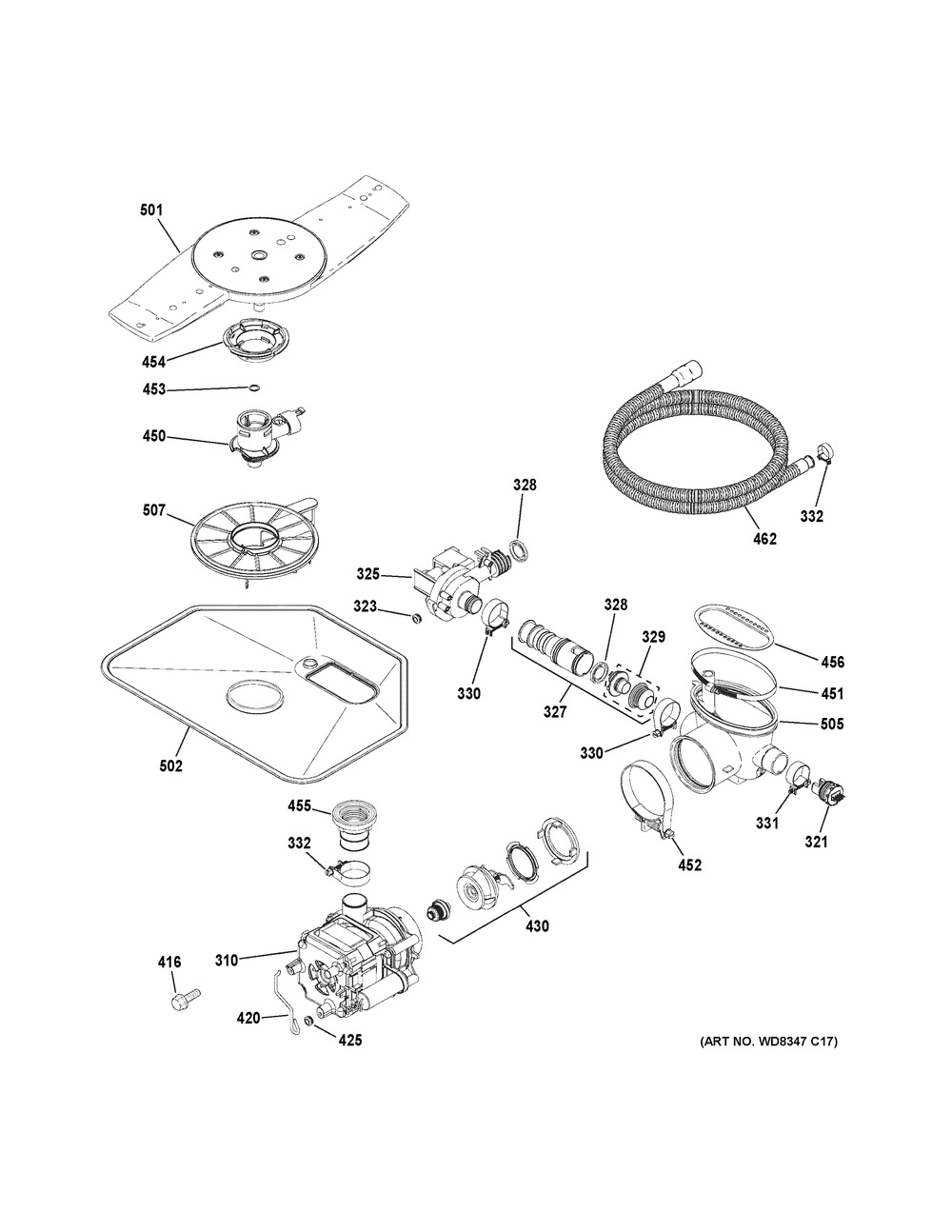 Motor-pump Mechanism Diagram and Parts List for GDWT358V50SE  General Electric Dishwasher