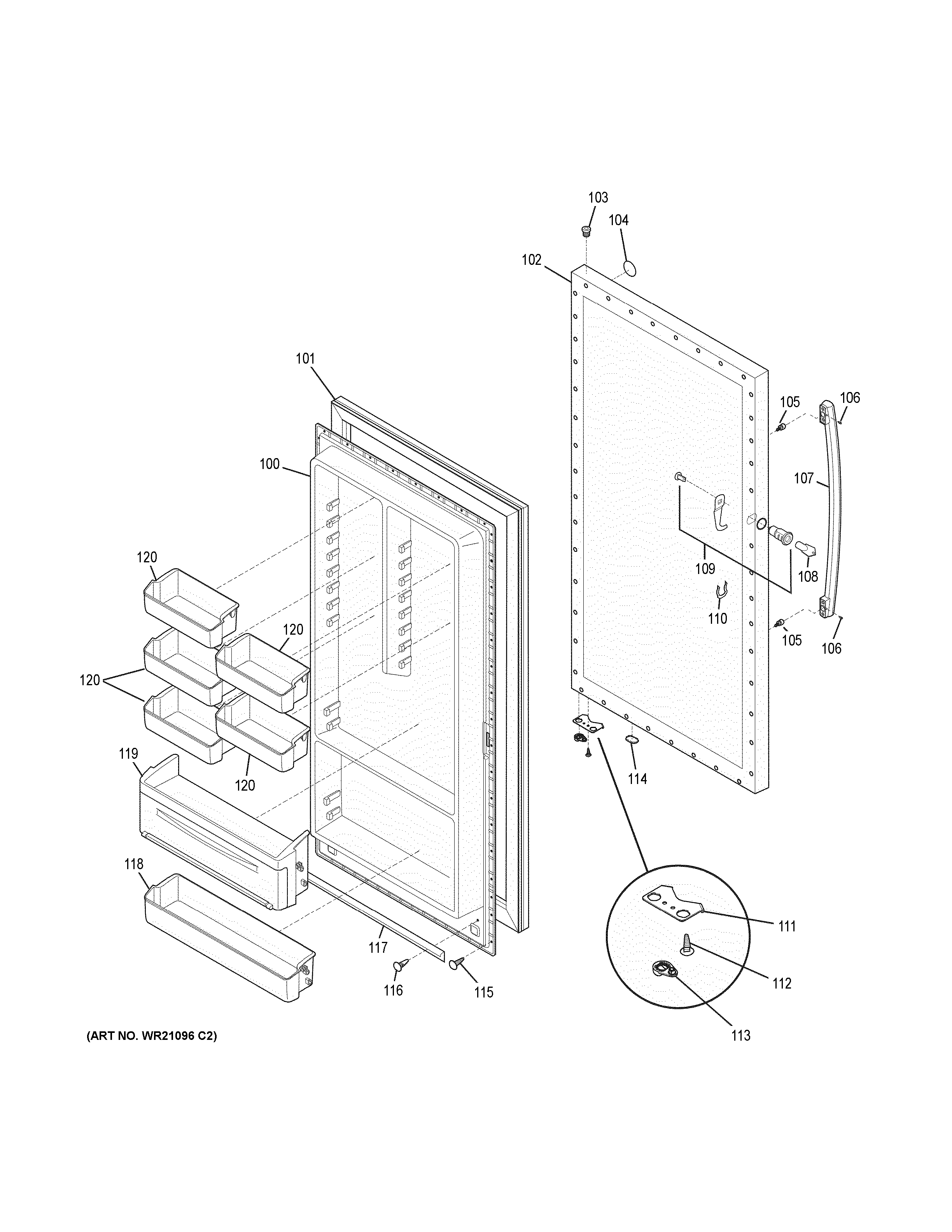 Door Diagram and Parts List for FUM21DHBRWW  General Electric Freezer
