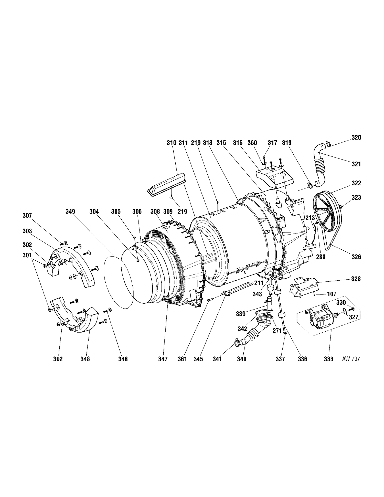 TUB & MOTOR Diagram and Parts List for GCVH6400J1WW  General Electric Washer