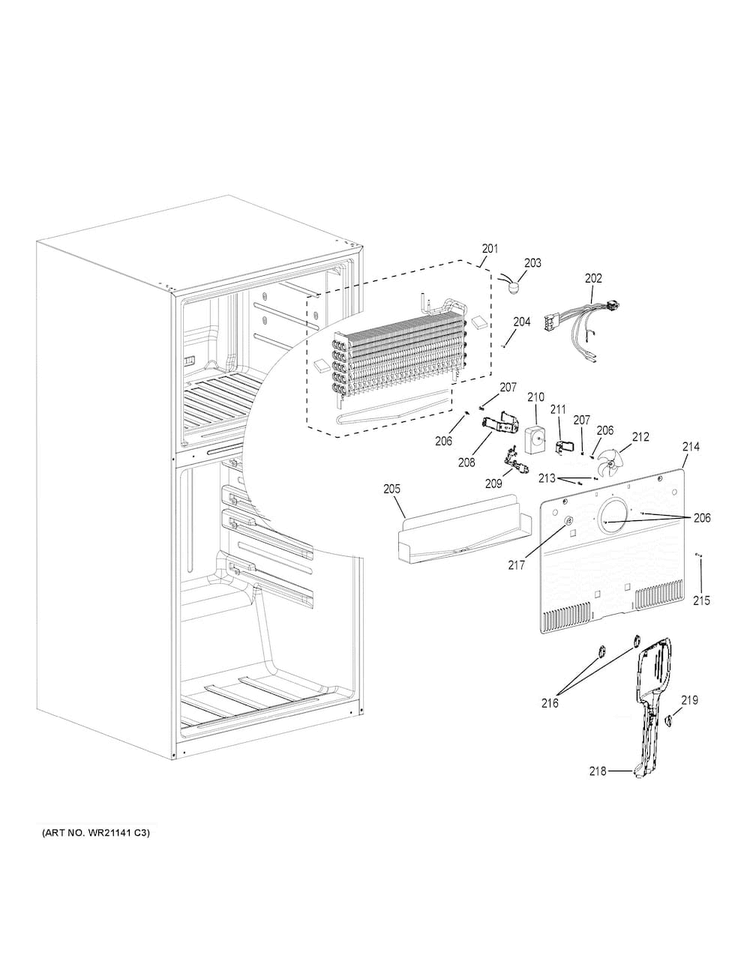 Freezer Section Diagram and Parts List for GTS21FGKBWW  General Electric Refrigerator