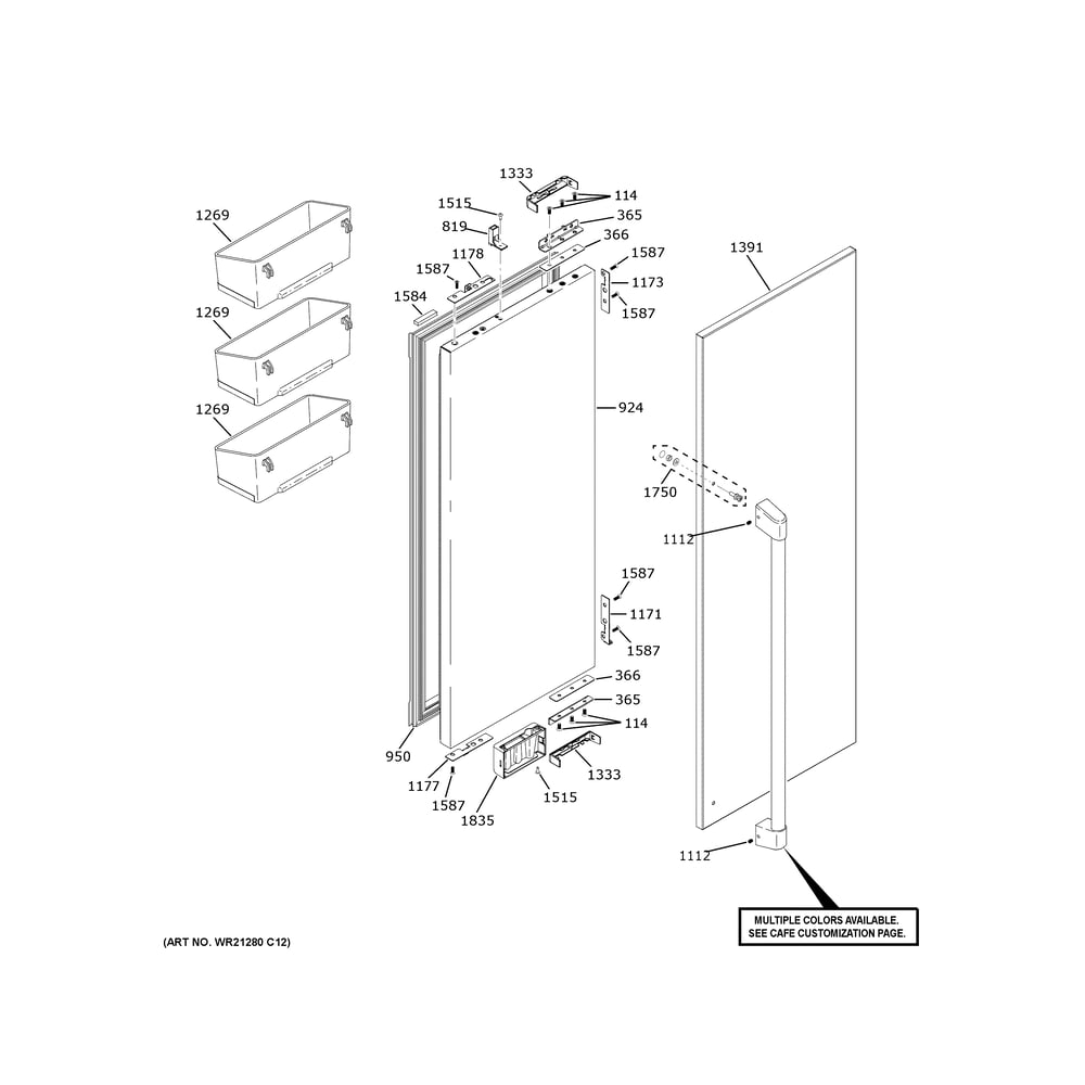 Refrigerator Door - Rh 1 Diagram and Parts List for CIP36NP2VDS1  General Electric Refrigerator
