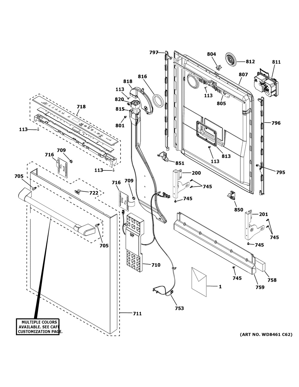 Escutcheon & Door Assembly Diagram and Parts List for CDT805P2N0S1  General Electric Dishwasher
