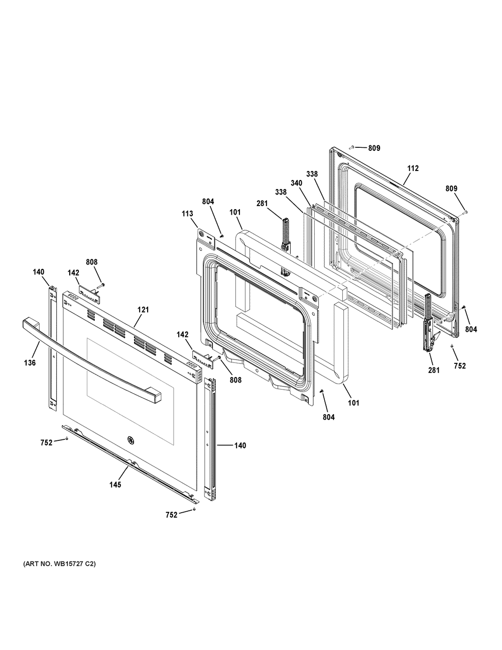Door Diagram and Parts List for GRF400PV1WW  General Electric Range