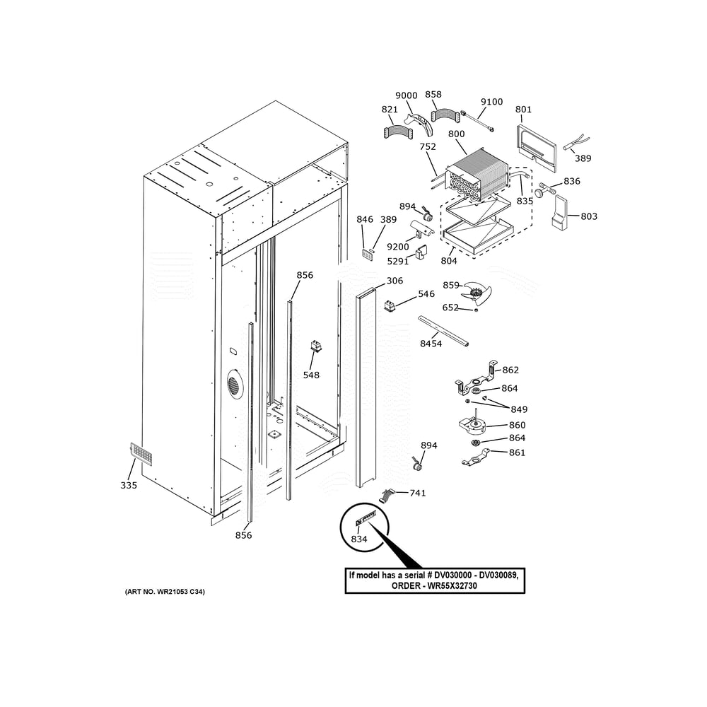 Freezer Section Diagram and Parts List for CSB48YP2NMS1  General Electric Refrigerator