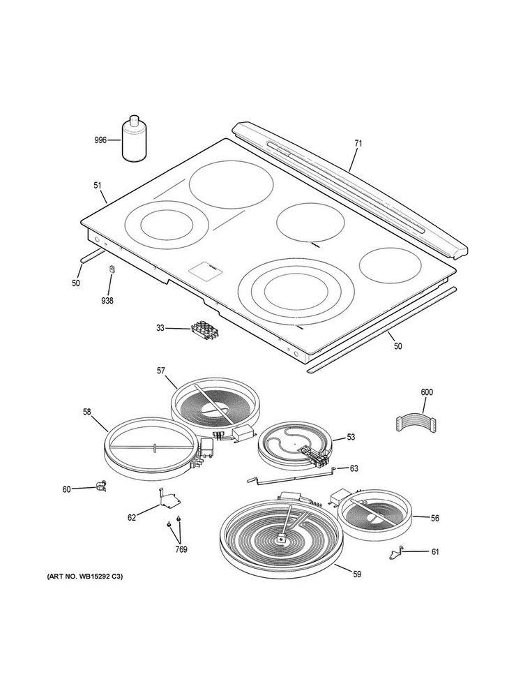 Cooktop Diagram and Parts List for PS950SF3SS  General Electric Range