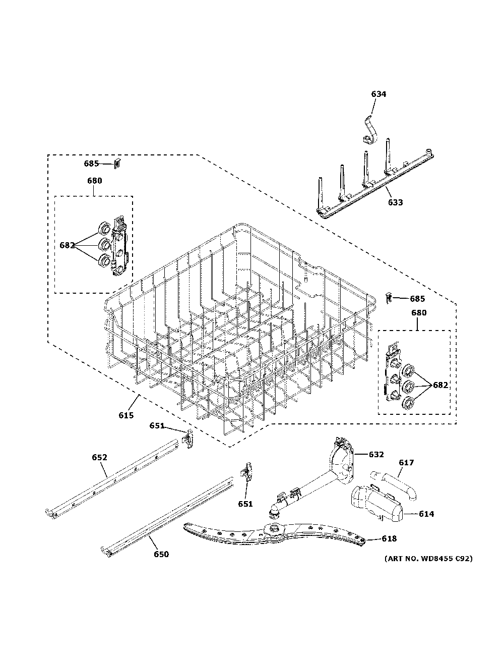 Upper Rack Assembly Diagram and Parts List for GDP630PGR3BB  General Electric Dishwasher