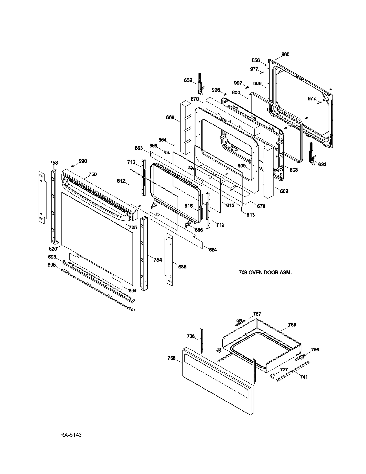 DOOR & DRAWER Diagram and Parts List for JCBP270DT2WW  General Electric Range