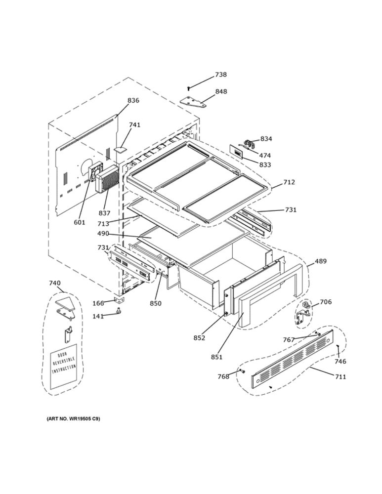 Cabinet And Shelves Diagram and Parts List for ZIFI240HCII  General Electric Refrigerator