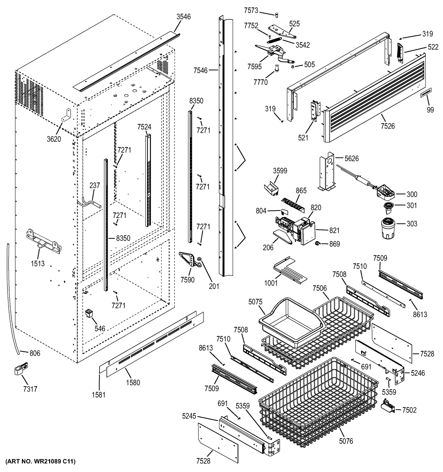FREEZER SECTION, TRIM & COMPONENTS Diagram and Parts List for ZICP360NHBLH  General Electric Refrigerator
