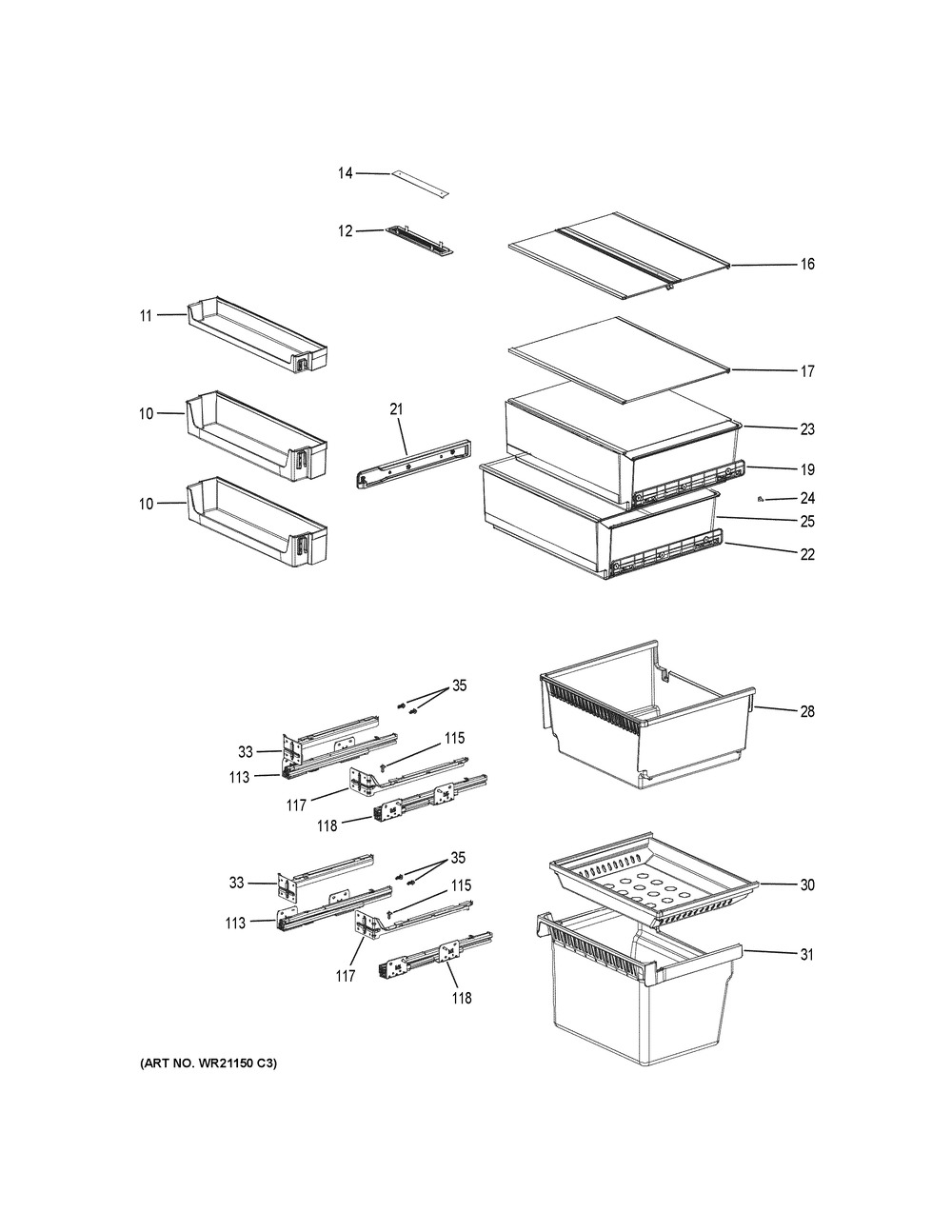 Shelves & Drawers Diagram and Parts List for GLE12HSLBRSS  General Electric Refrigerator