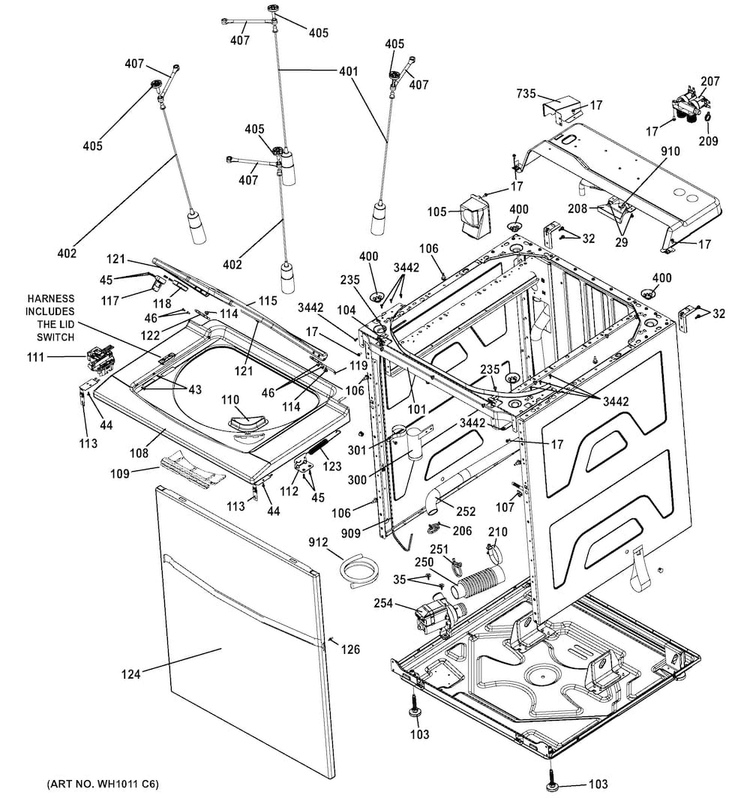 Cabinet Diagram and Parts List for GTUP240EM6WW  General Electric Washer Dryer Combo