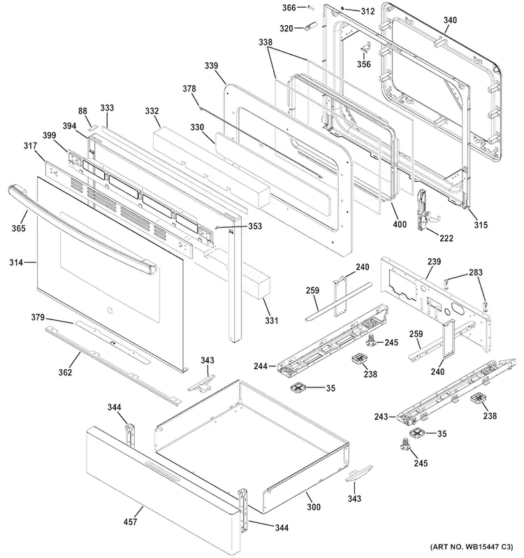 Door & Drawer Parts Diagram and Parts List for JGB660DEJ1BB  General Electric Range