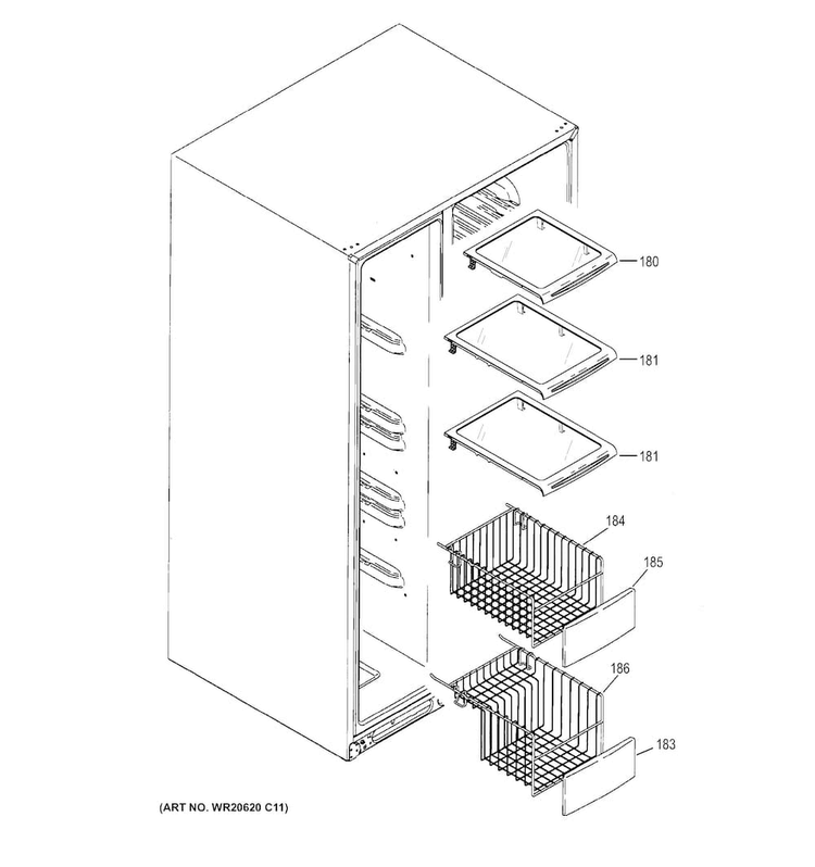 Freezer Shelves Diagram and Parts List for GSE25HGHBHWW  General Electric Refrigerator