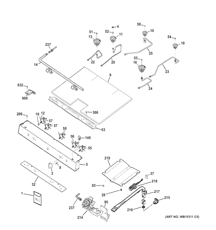 Gas & Burner Parts Diagram and Parts List for JGBS65REF1SS  General Electric Range