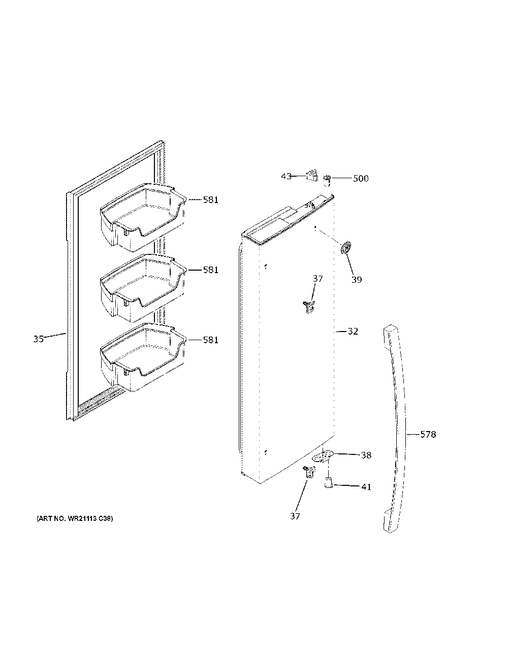 Fresh Food Door - Rh Diagram and Parts List for GNE27EYMWFFS  General Electric Refrigerator