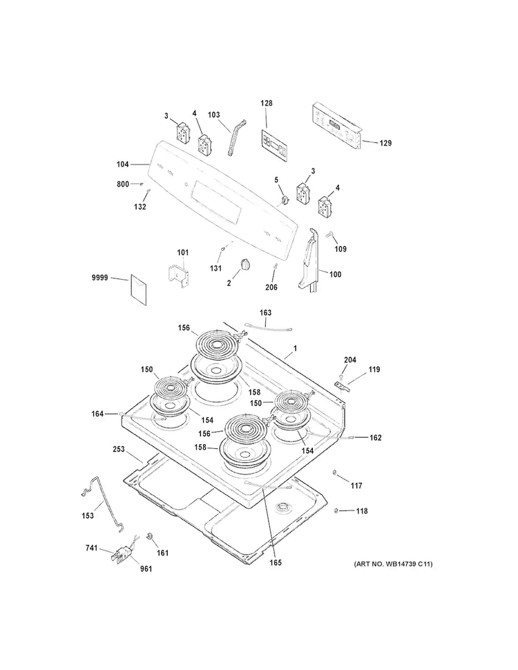 Control Panel & Cooktop Diagram and Parts List for JB255RK2SS  General Electric Range