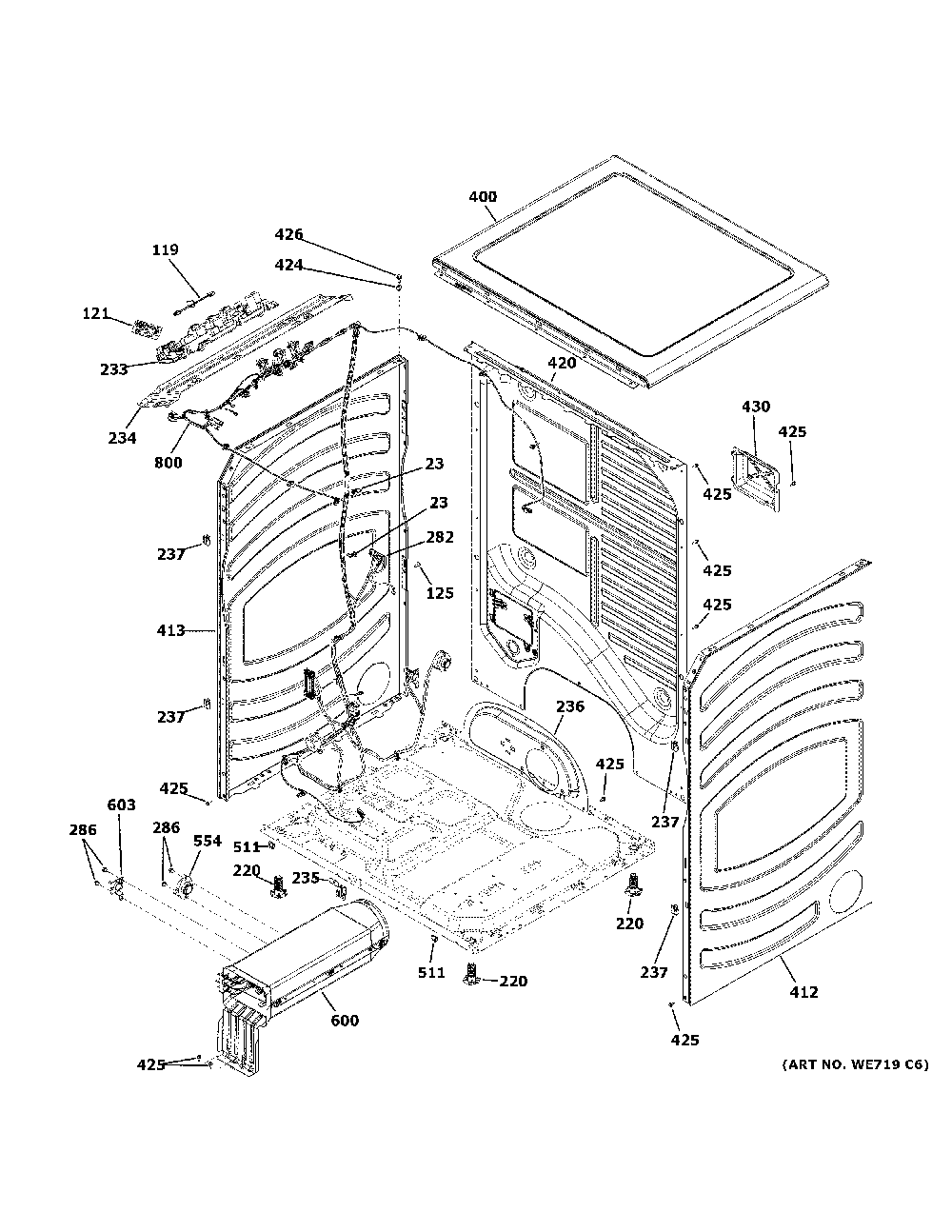 Cabinet & top panel Diagram and Parts List for GFD55ESSN0WW  General Electric Dryer