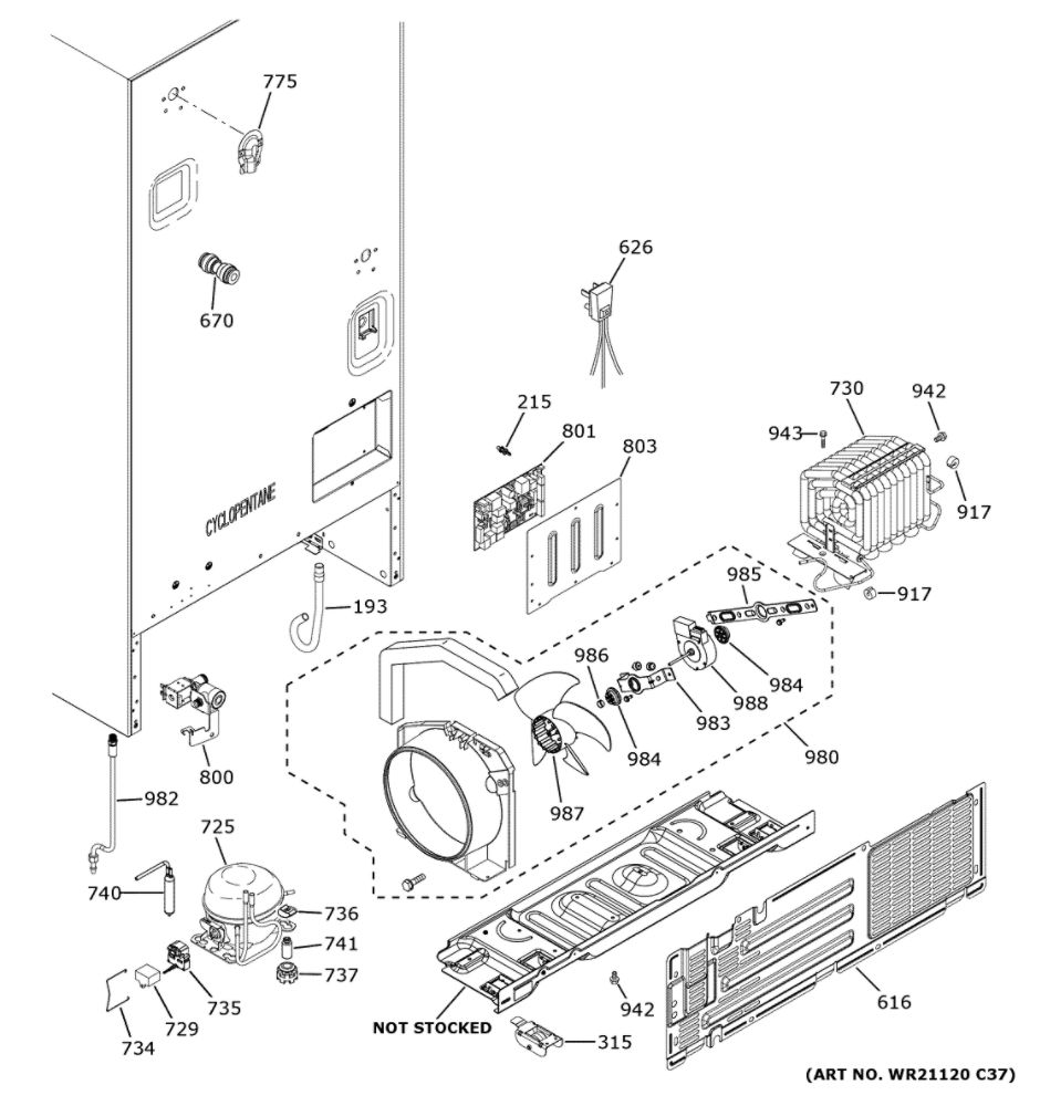 Machine Compartment Diagram and Parts List for GYE18JSLDFSS  General Electric Refrigerator