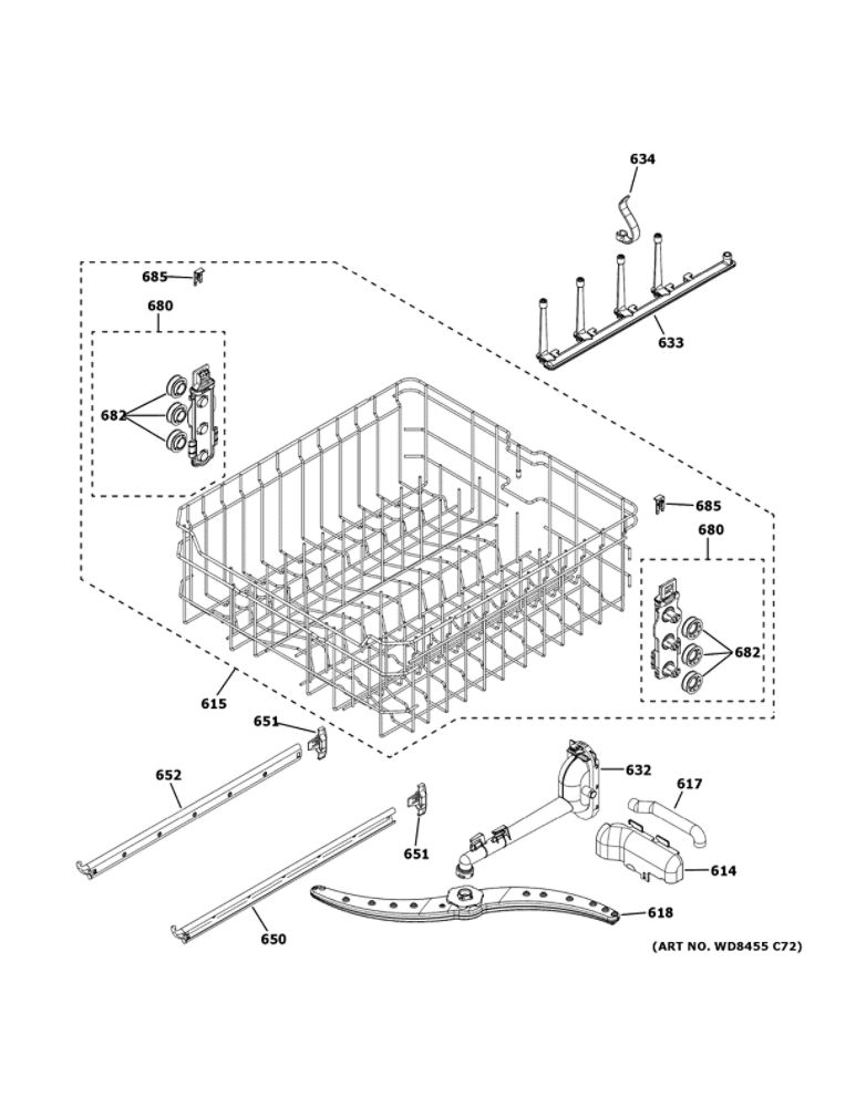 Upper Rack Assembly Diagram and Parts List for GDT630PFM5DS  General Electric Dishwasher