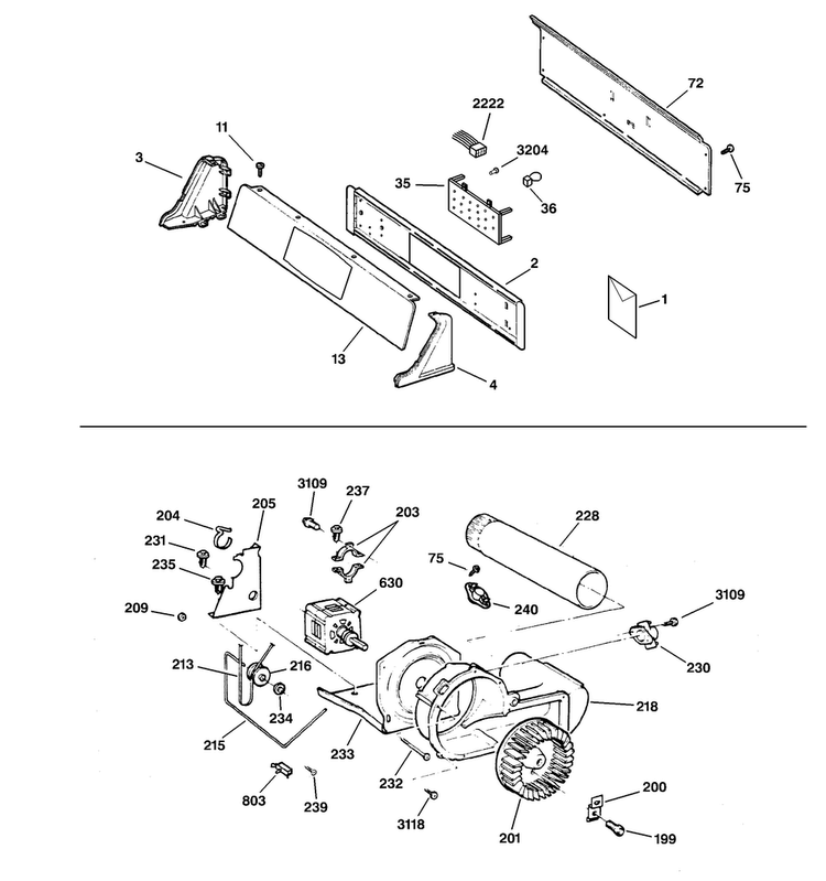 Backsplash, Blower & Drive Assembly Diagram and Parts List for DNSB514GB0WW  General Electric Dryer