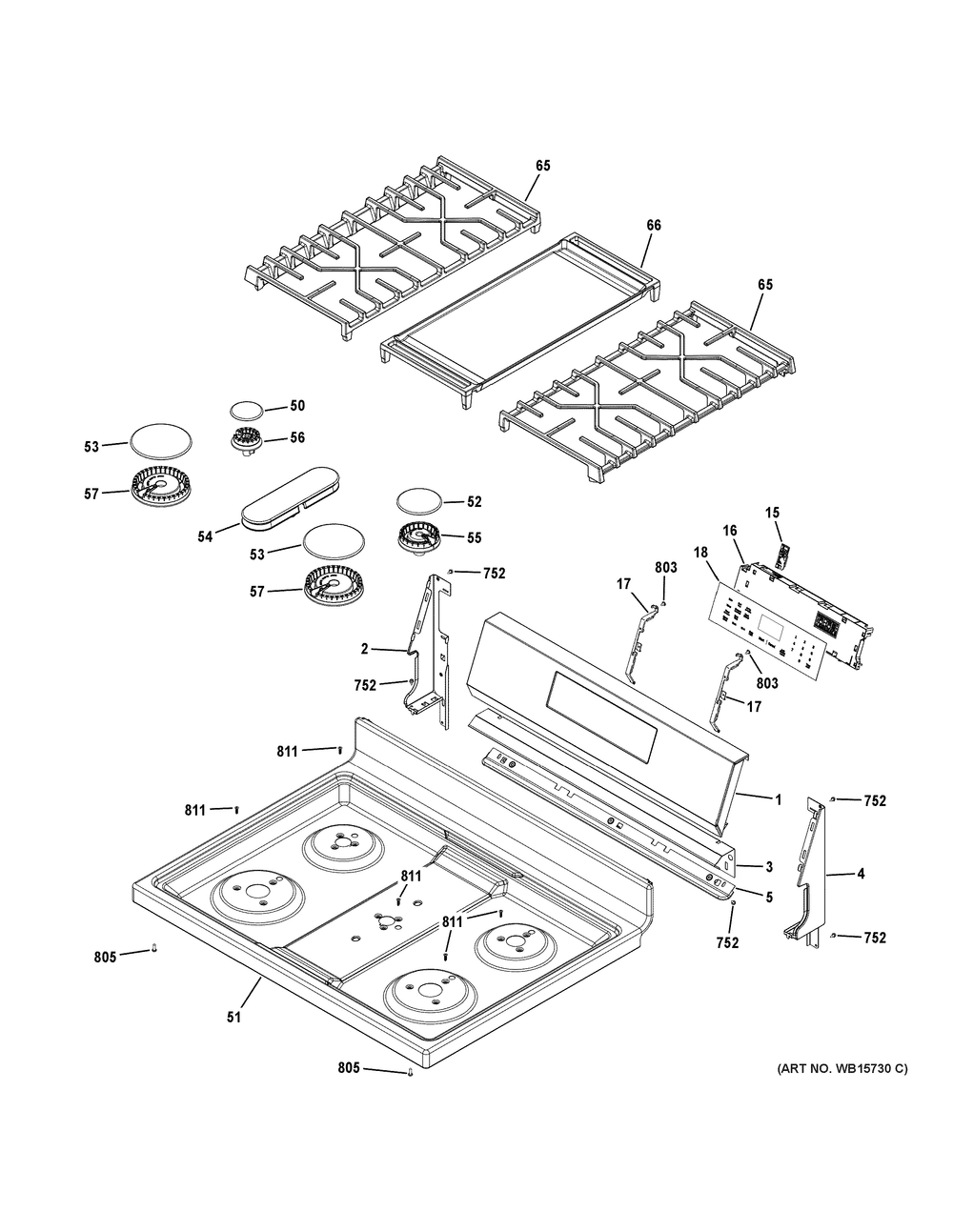Control Panel And Cooktop Diagram and Parts List for GGF600AV1SS  General Electric Range