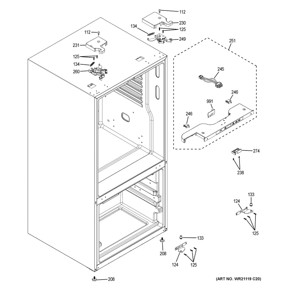 Case Parts Diagram and Parts List for GFE26JYMYFFS  General Electric Refrigerator