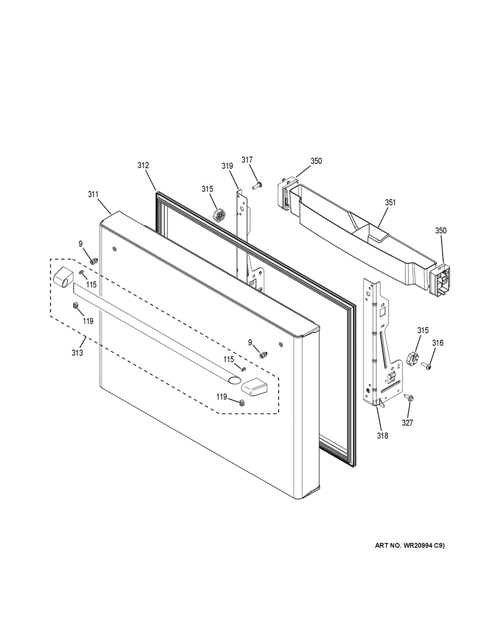 Freezer Door Diagram and Parts List for CFE28TSHQSS  General Electric Refrigerator