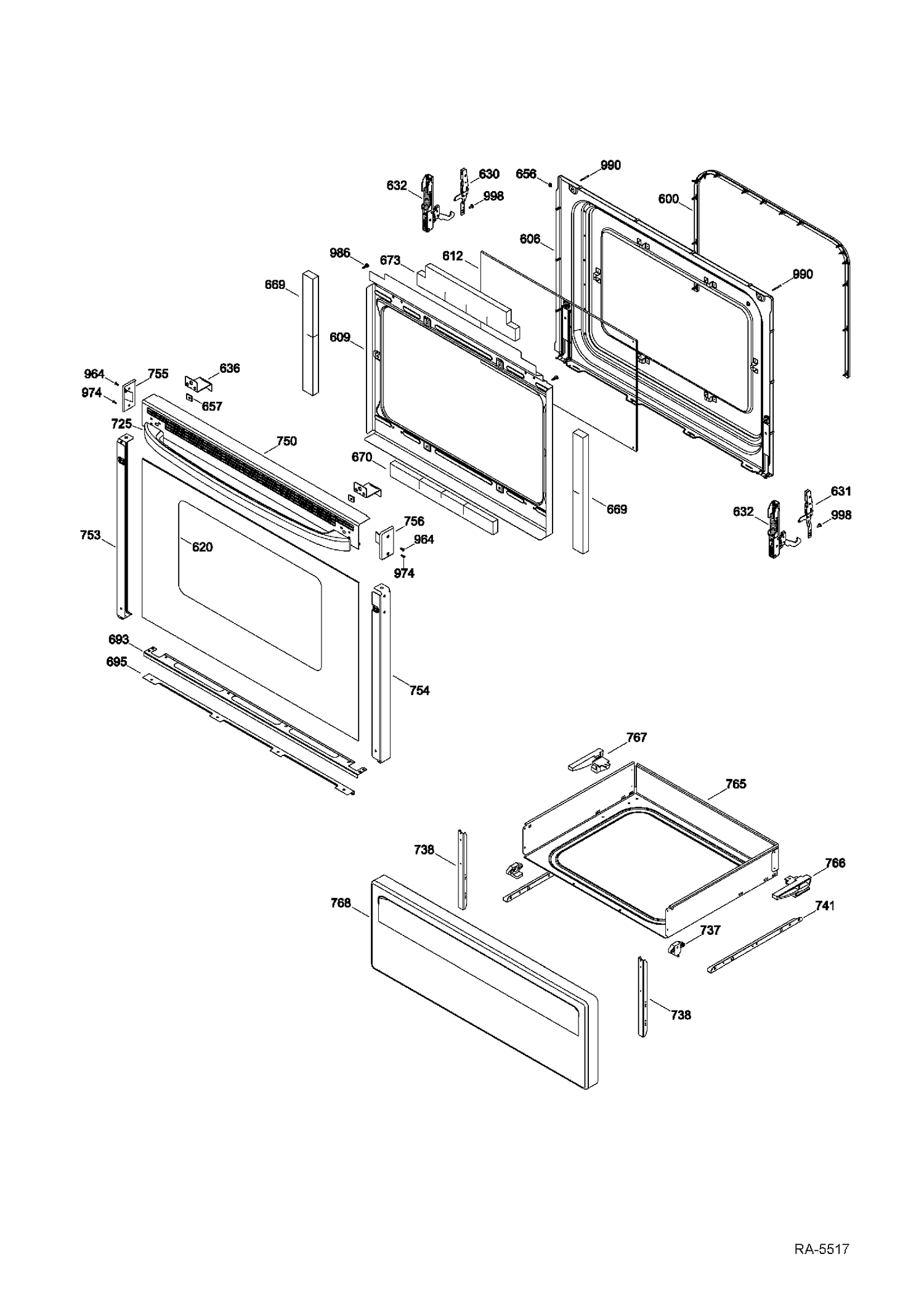 DOOR & DRAWER Diagram and Parts List for RCBS787DN3WW  General Electric Range
