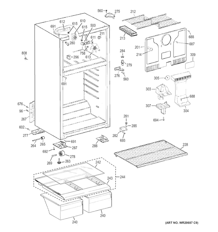 Cabinet Diagram and Parts List for GTH17DBDFRCC  General Electric Refrigerator