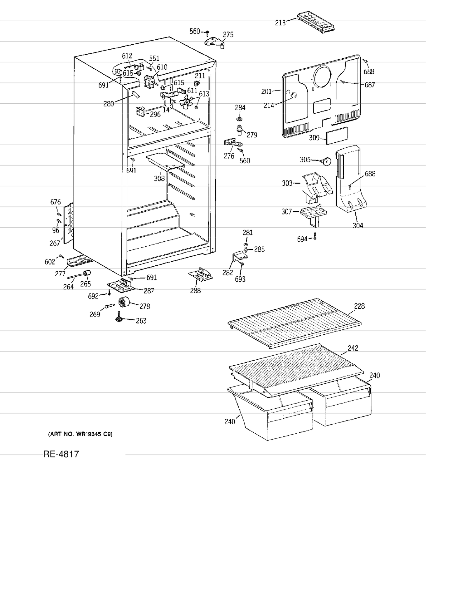 CABINET Diagram and Parts List for MTS17BBDJRWW  General Electric Refrigerator