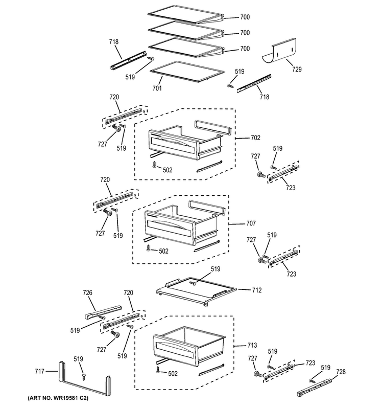 Fresh Food Shelves Diagram and Parts List for PSB42YPHASV  General Electric Refrigerator
