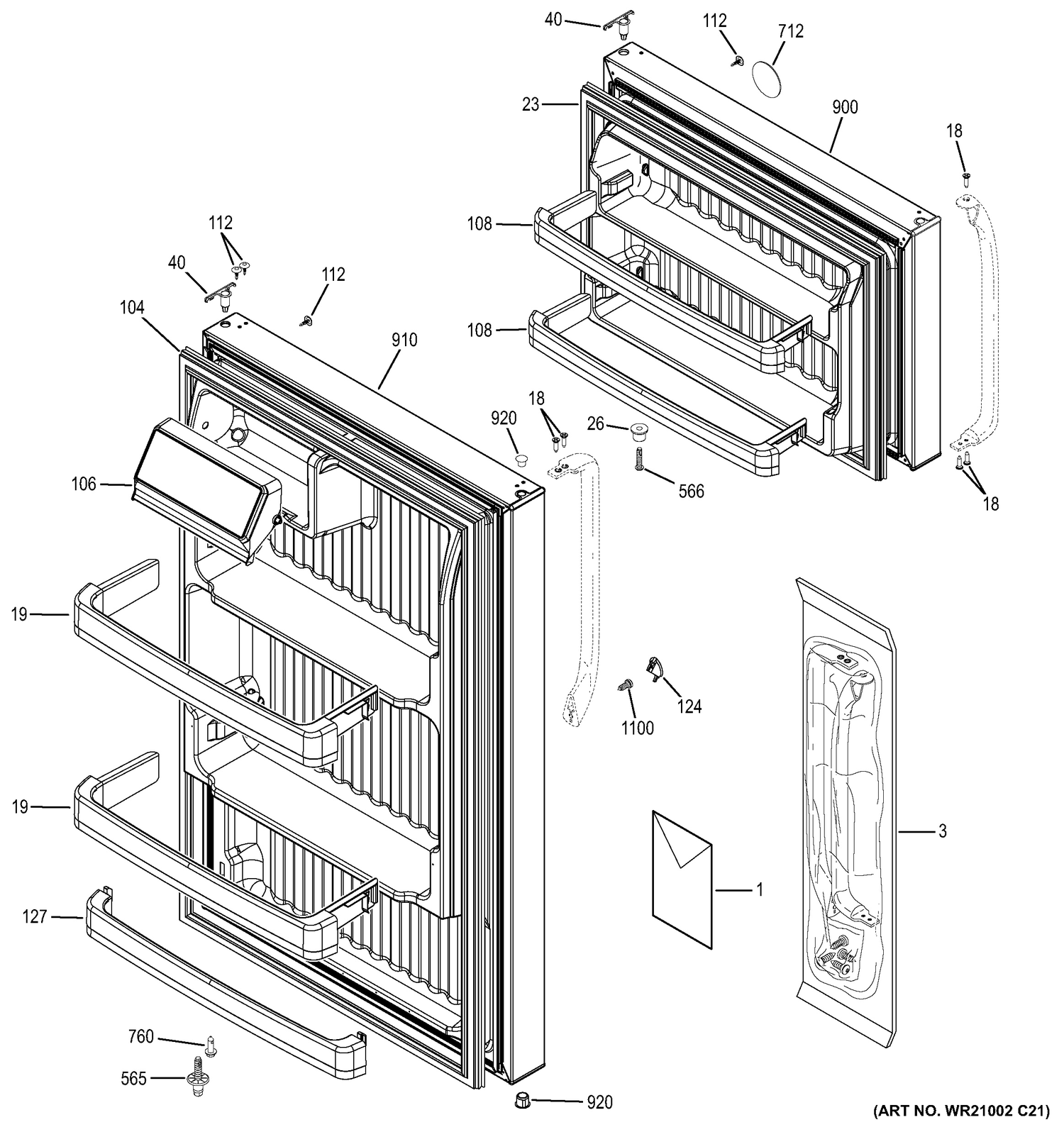DOORS Diagram and Parts List for GTJ18GCDJRSA  General Electric Refrigerator