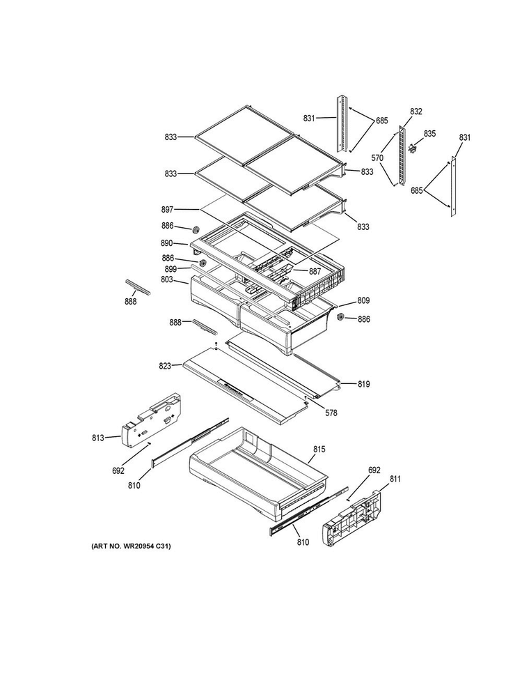 Fresh Food Shelves Diagram and Parts List for GNE29GGKEWW  General Electric Refrigerator