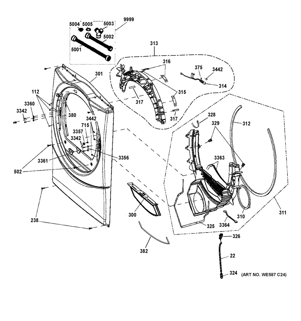Front Panel Diagram and Parts List for GFD45ESSM1WW  General Electric Dryer