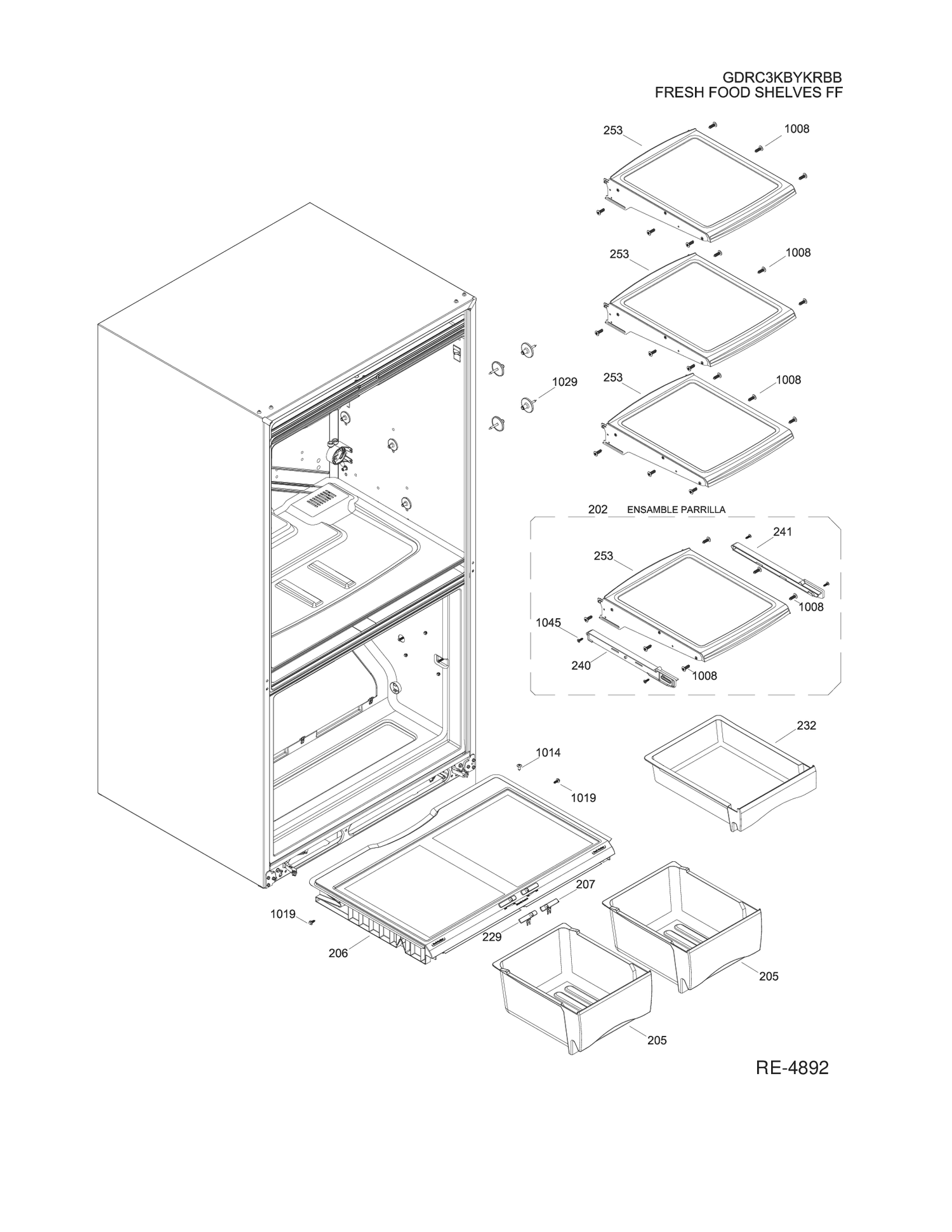 FRESH FOOD SHELVES FF Diagram and Parts List for GDRC3KBYKRBB  General Electric Refrigerator