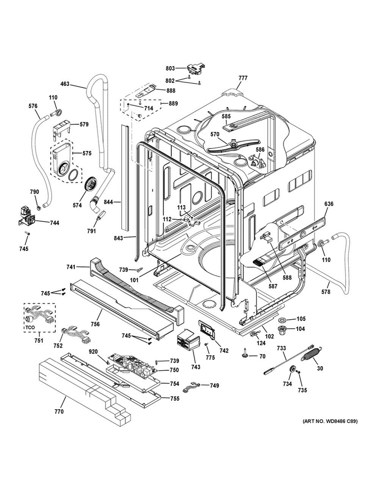 Body Parts Diagram and Parts List for CDT725SSF4SS  General Electric Dishwasher